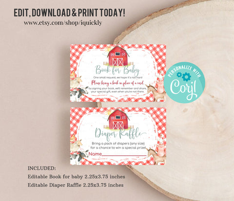 EDITABLE Diaper Raffle and Book for baby Farm Baby Shower, Boy Shower bring a book, Red Farm Animals Digital Instant download Printable