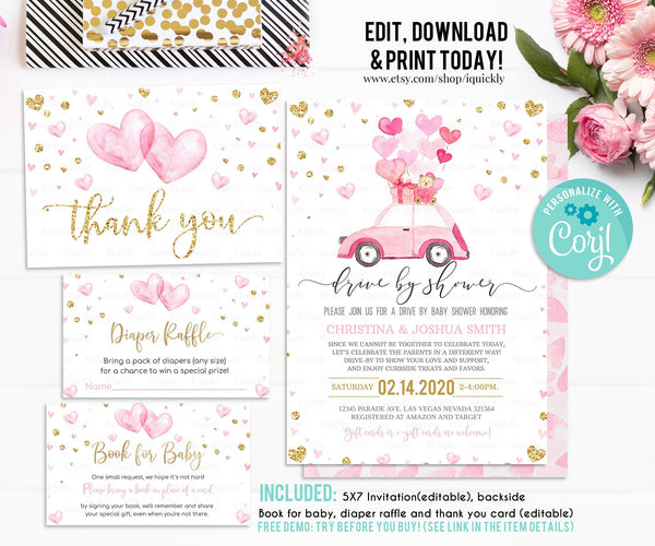 Editable Drive By Baby Shower Invitation Valentine Bundle Drive Through Baby Shower Invite Set Sweetheart Drive Thru Shower Social download