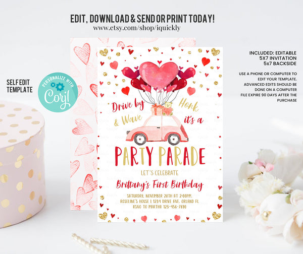 Editable Drive By Valentine Birthday Invitation Valentine Birthday Party Invitation Sweetheart Red Heart Valentines Day Instant Download