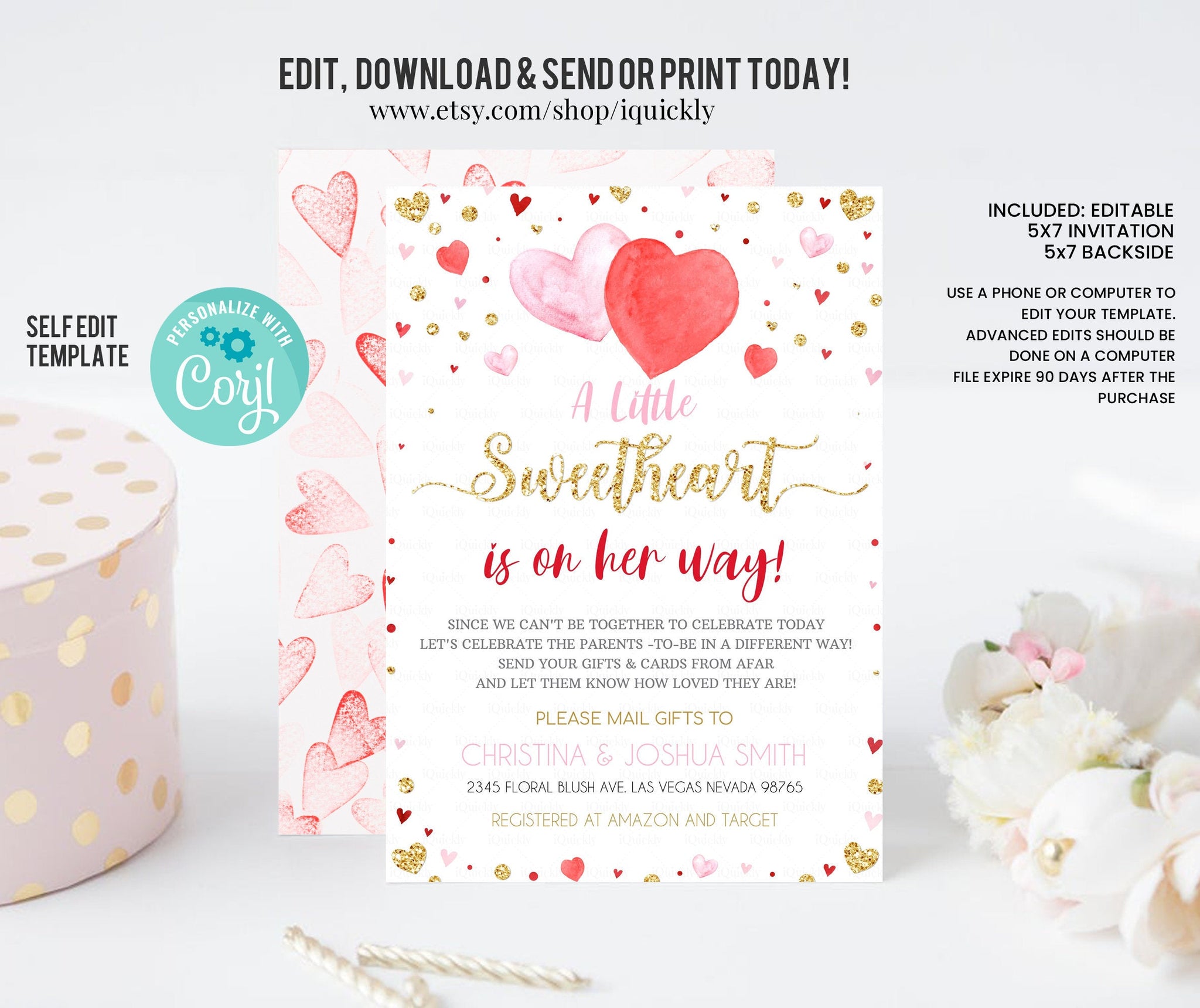 Editable Shower by mail Little Sweetheart Baby shower invitation, Valentine Virtual baby shower invites Girl Printable template download