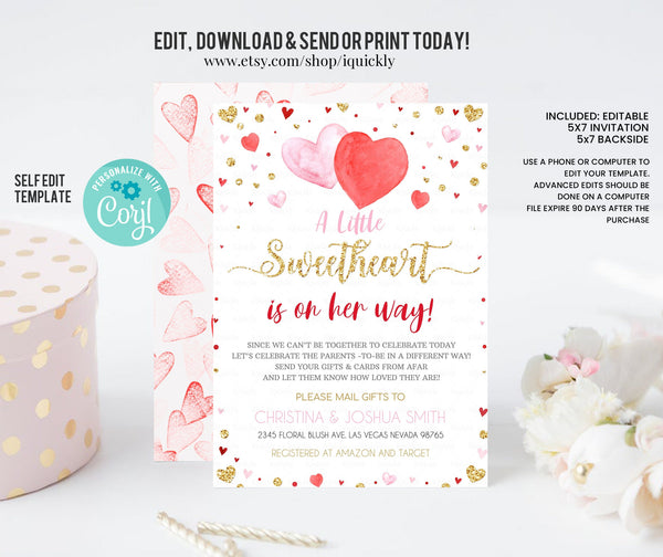 Editable Shower by mail Little Sweetheart Baby shower invitation, Valentine Virtual baby shower invites Girl Printable template download