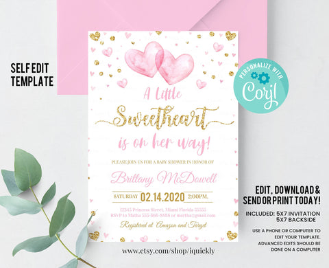 EDITABLE Valentine Baby Shower Invitation, Little sweetheart Girl Baby Shower, Red and Gold Heart invites, Instant Download Template Digital