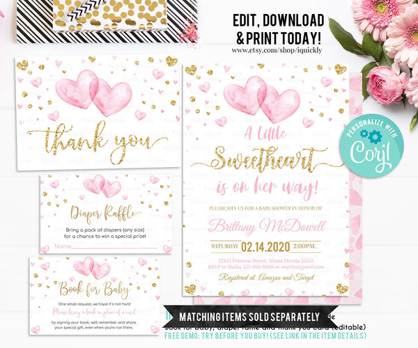 EDITABLE Valentine Baby Shower Invitation, Little sweetheart Girl Baby Shower, Red and Gold Heart invites, Instant Download Template Digital