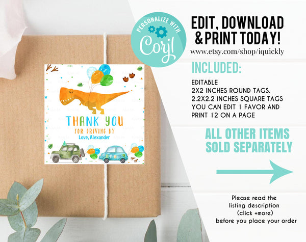 Editable Dinosaur Favor Tag Drive By Birthday Favors Party Parade Dino Boy Car Thank You Gift Tags T-Rex Corjl Template Printable download