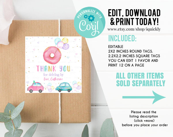 Editable Drive By Donut Birthday Parade Favor tags, Thank you tags Honk Wave Car, Gift tags Drive Through Instant Download Corjl Template