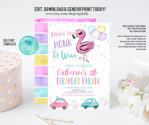Editable Flamingo Drive By Birthday Parade Invitation Virtual Party Invite Honk Wave Car Girl Pink Quarantine Download Digital Corjl