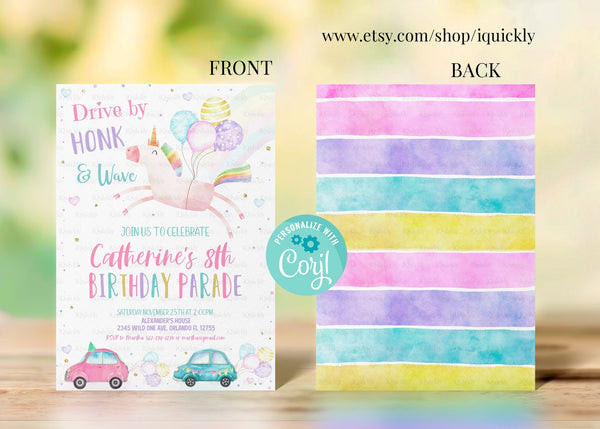 Editable Unicorn Drive By Birthday Parade Invitation Virtual Party Invite Honk Wave Car Girl Pink Quarantine Instant Download Digital Corjl