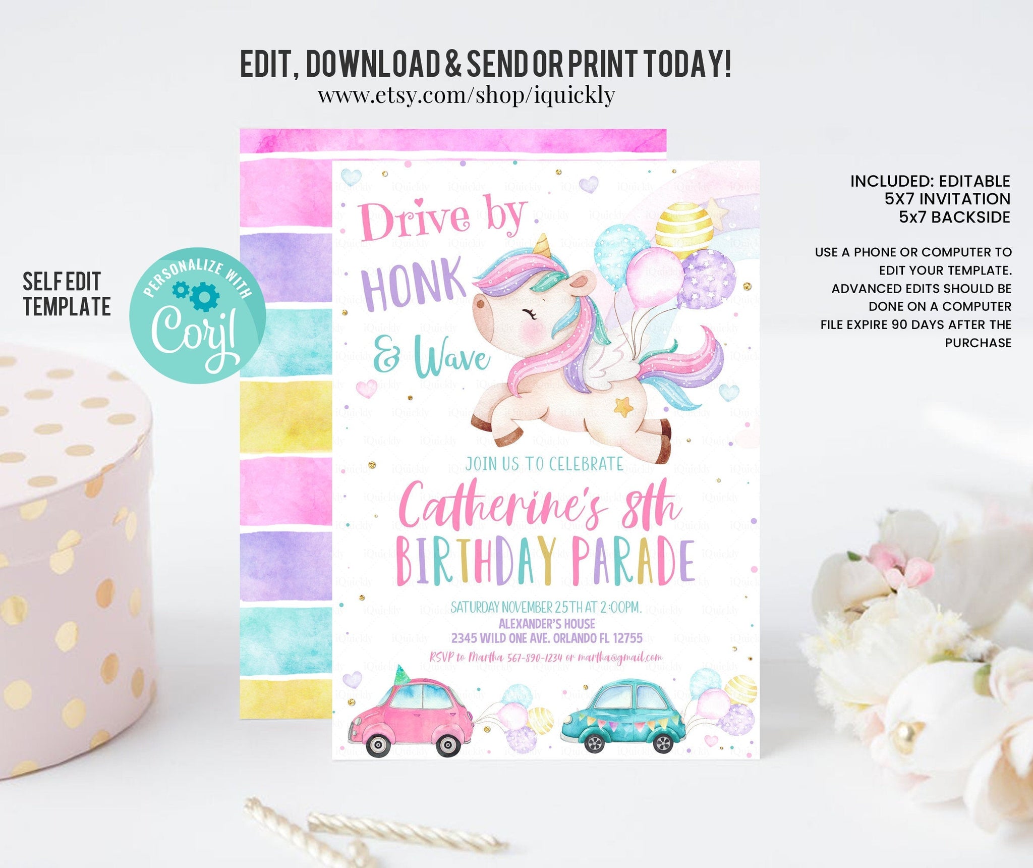 Editable Unicorn Drive By Birthday Parade Invitation Virtual Party Invite Honk Wave Car Girl Pink Quarantine Download Digital Corjl
