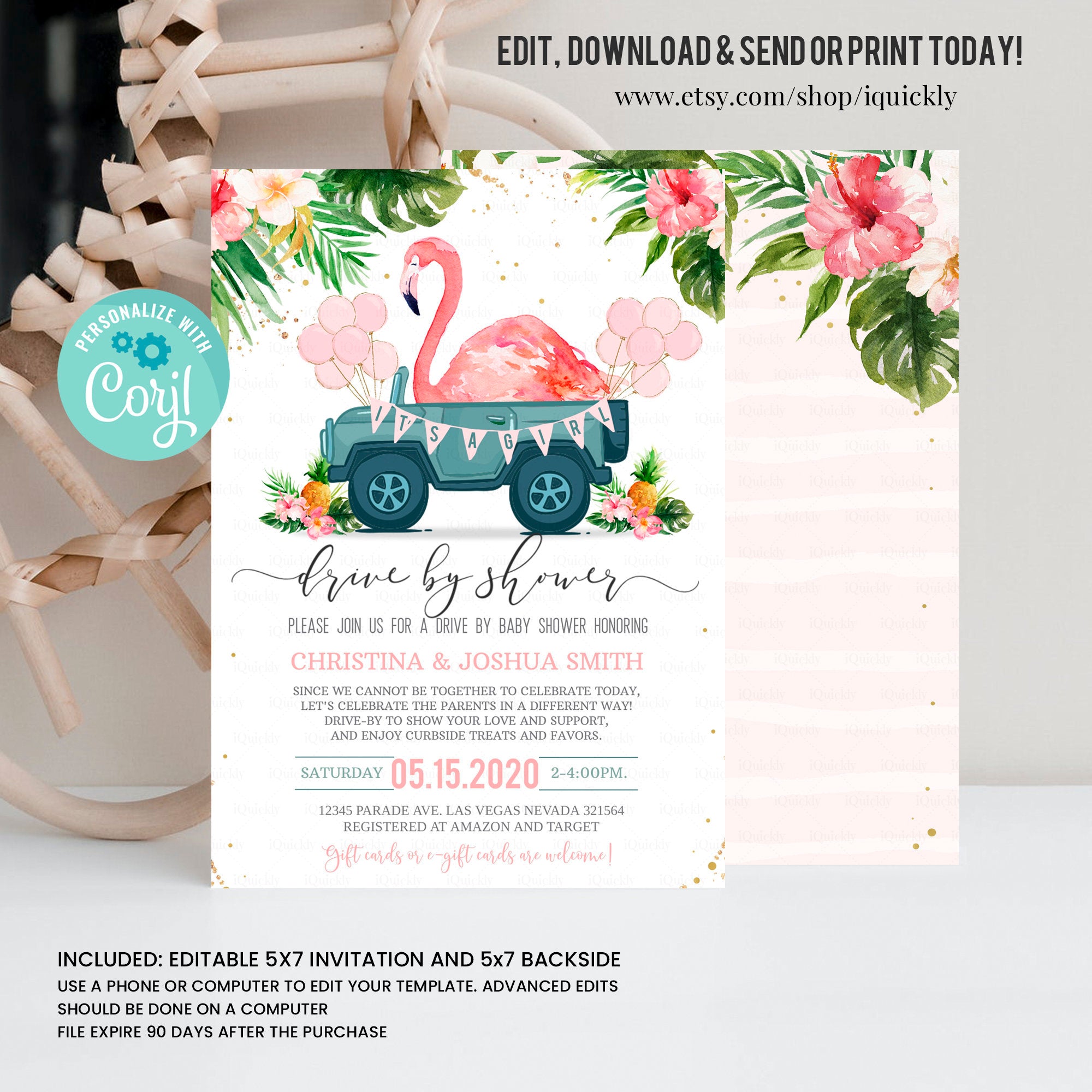 Editable Drive By Baby Shower Invitation Flamingo Drive Through Baby Shower Invite Social Distancing Drive Thru Shower Instant Download