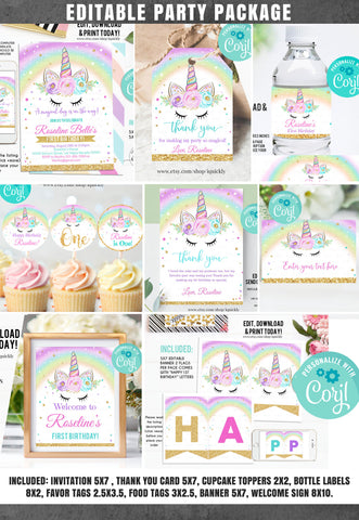 Editable Unicorn Party Decorations, Unicorn Party Package Birthday Invitations Magical Unicorn Invite Girl Template Digital Instant Download