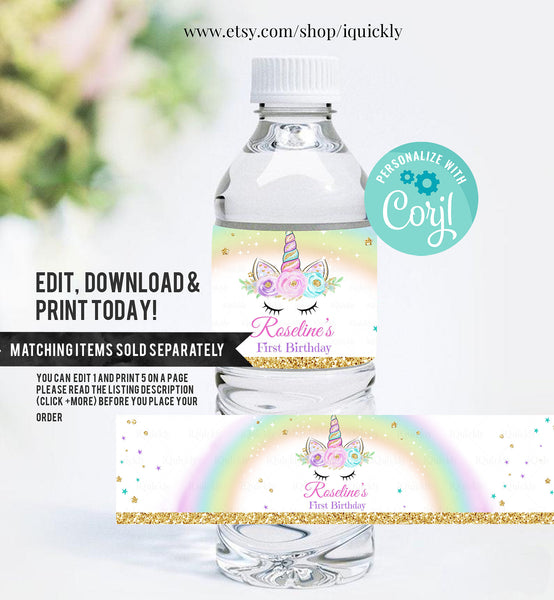 EDITABLE Unicorn Bottle Water Labels, Unicorn Baby Shower, Pink & Gold Unicorn, Glitter Unicorn Party Instant download Printable template