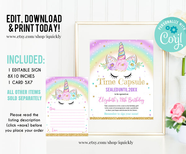 EDITABLE Unicorn Time Capsule Matching Note Cards, First Birthday Unicorn Party, Magical Unicorn 1st Birthday Time Capsule Instant download