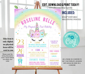 Unicorn 1st birthday Poster, EDITABLE Rainbow Milestone Birthday Poster, First Year poster, Chalkboard Poster download, Template Printable