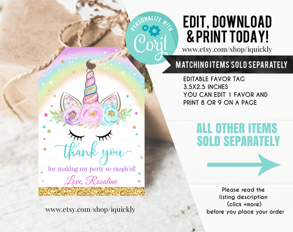 Editable Unicorn Invitation, Rainbow Unicorn invite, Unicorn Party Unicorn Birthday, Magical Unicorn, Girl gold Instant Download Printable