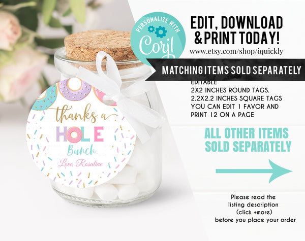 EDITABLE Donut Grow Up favor tags, Thank you tags, Gift Tags,  doughnut Girl favor Printable Template, Donut Party Decor Instant download