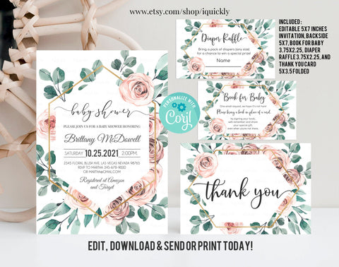 Editable BOHO Rose Floral Baby Shower Invitation Set Baby Shower Invite Book for Baby, Diaper Printable Template Digital Instant download