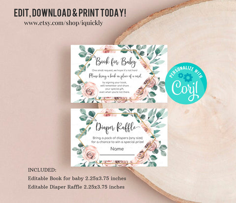 Editable Boho Rose Floral Baby Shower Diaper raffle Baby Shower Book for baby Gender neutra Printable template digital download