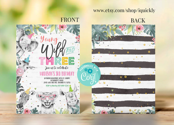 Editable Young Wild and Three Invitation Girl Pink and Gold Safari Animals Zoo Instant Download Printable Template Digital Corjl
