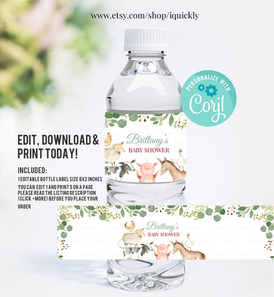 EDITABLE baby shower Farm Bottle Label, Water labels Printable, Farm Animals, Red Boy Party decorations Instant download Template digital