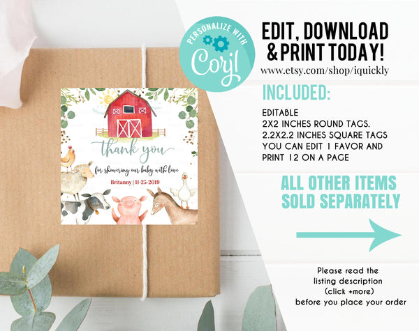 Farm Baby Shower Favor tags EDITABLE, Neutral Farm animals Thank you tags, Gift tags farm Theme Invites Instant download Template