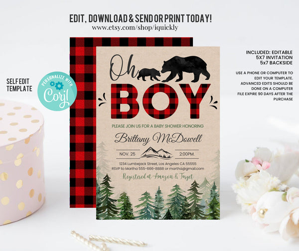 Lumberjack Baby Shower Invitation Editable, Buffalo Plaid Invite, Wilderness Bear Invitation, Rustic Boy Shower Invite, Cub Instant Download