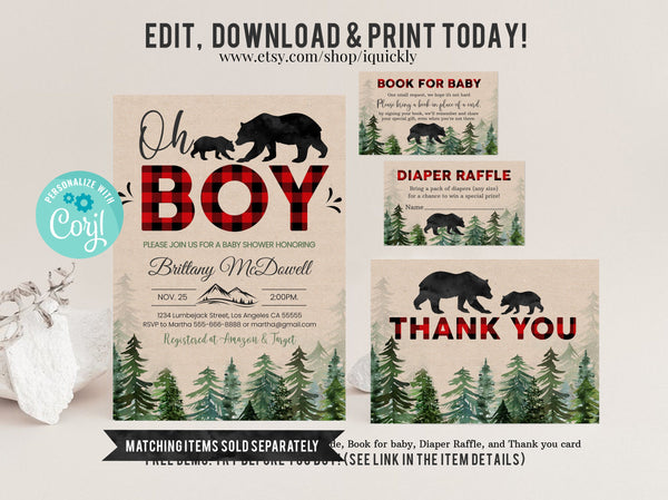 Editable Lumberjack Baby Shower Cupcake toppers, Buffalo Plaid Cake Toppers, Bear Rustic Boy, Cub Printable Template Instant Download