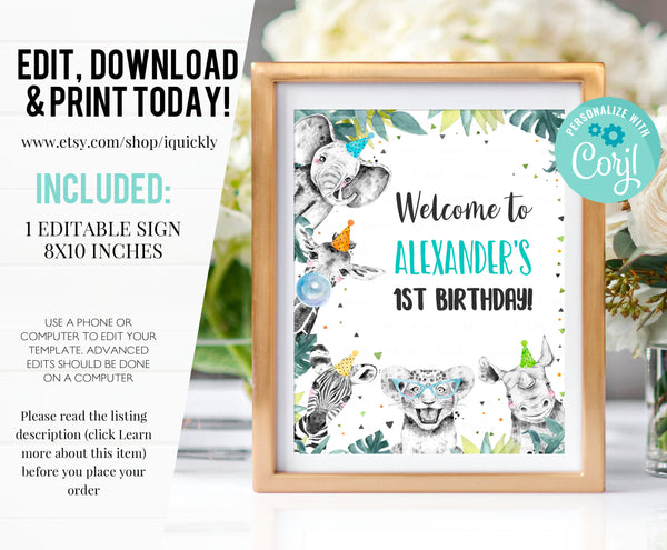 Editable Party Animals Welcome Sign Party Animal Sign Zoo Safari Welcome Jungle Sign Birthday Animals BOY Template Printable Corjl