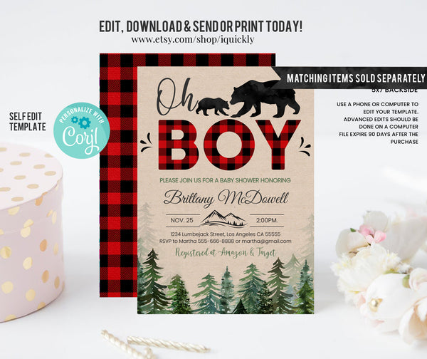 Editable Lumberjack Baby Shower Diaper Raffle and Book for Baby, Buffalo Plaid Bring a book, Wilderness Bear, Rustic Boy, Cub Download