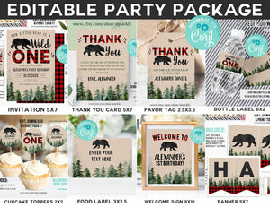 Editable Lumberjack Birthday Party Package Decorations Buffalo Plaid Party Invitations Rustic Boy Bear cub Template Digital Instant Download