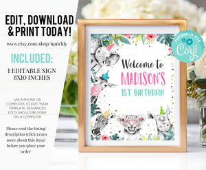 Editable Party Animals Welcome Sign Party Animal Sign Zoo Safari Welcome Jungle Sign Birthday Animals Girl Template Printable Corjl