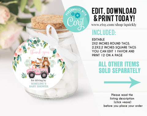 Editable Drive by Baby Shower Favor Tag Woodland Animal Drive Through Gift Tag Drive-By Baby shower Thank you tags Parade Instant Download