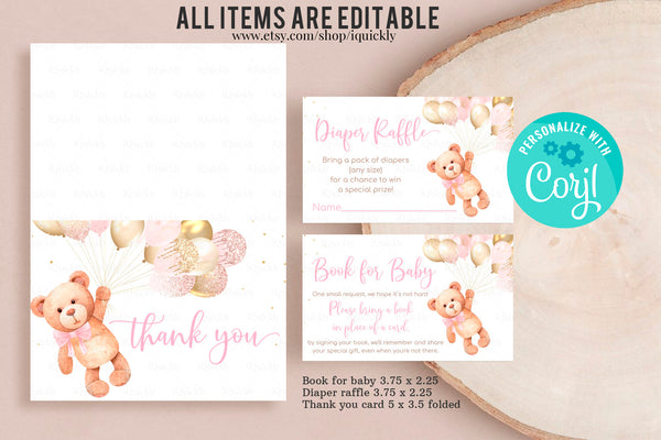 Editable Teddy Bear Baby Shower Invitation Set Bear Themed Invite Bundle Printable Bear Balloons Invitations Package, Pack template download