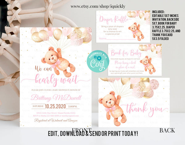 Editable Teddy Bear Baby Shower Invitation Set Bear Themed Invite Bundle Printable Bear Balloons Invitations Package, Pack template download