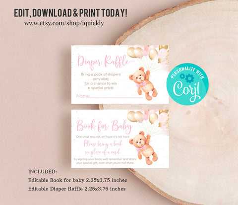 Editable Teddy bear Baby Shower Diaper Raffle, Book for Baby Girl Bear themed Bring a book, Digital Insert, Woodland Theme Printable Instant download