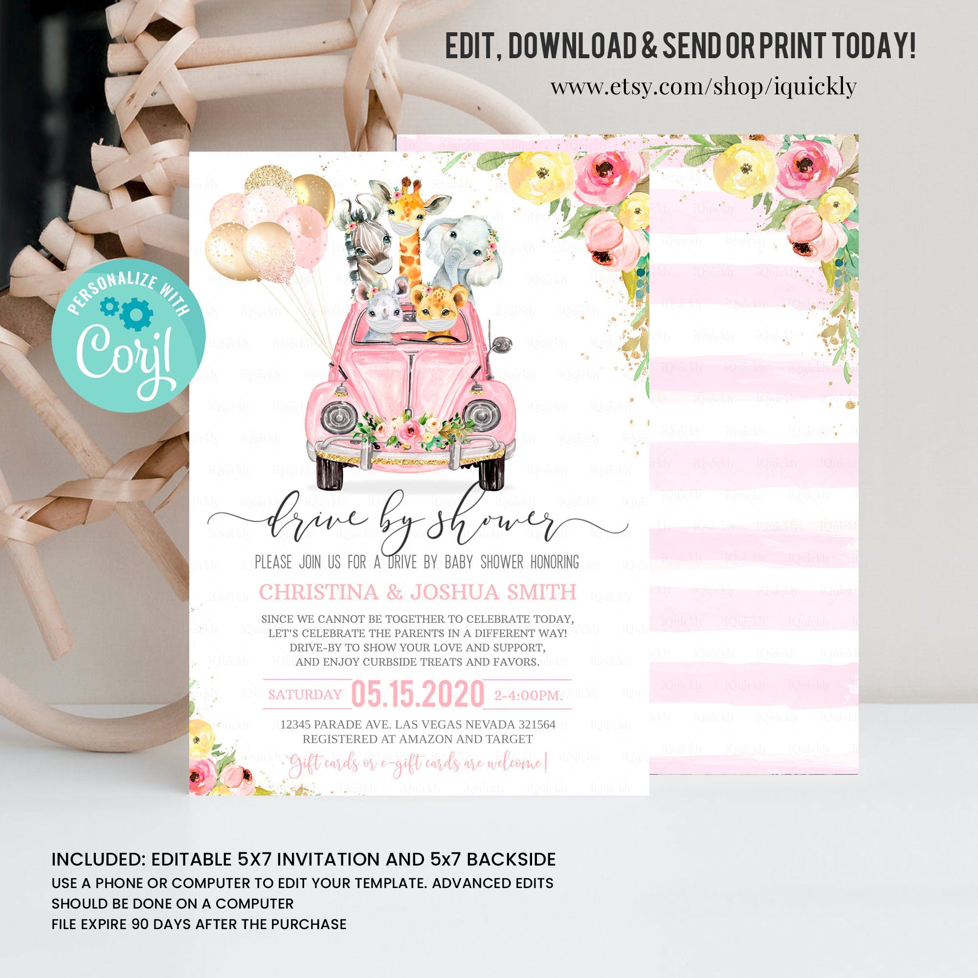 Editable Safari Drive By Baby Shower Invitation Pink Gold Jungle Baby Shower Drive Through Girl Social Distancing Shower Instant Download