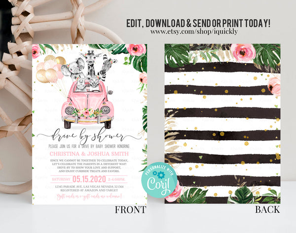 Editable Safari Drive By Baby Shower Invitation Pink Jungle Baby Shower Drive Through Girl Social Distancing Shower Instant Download