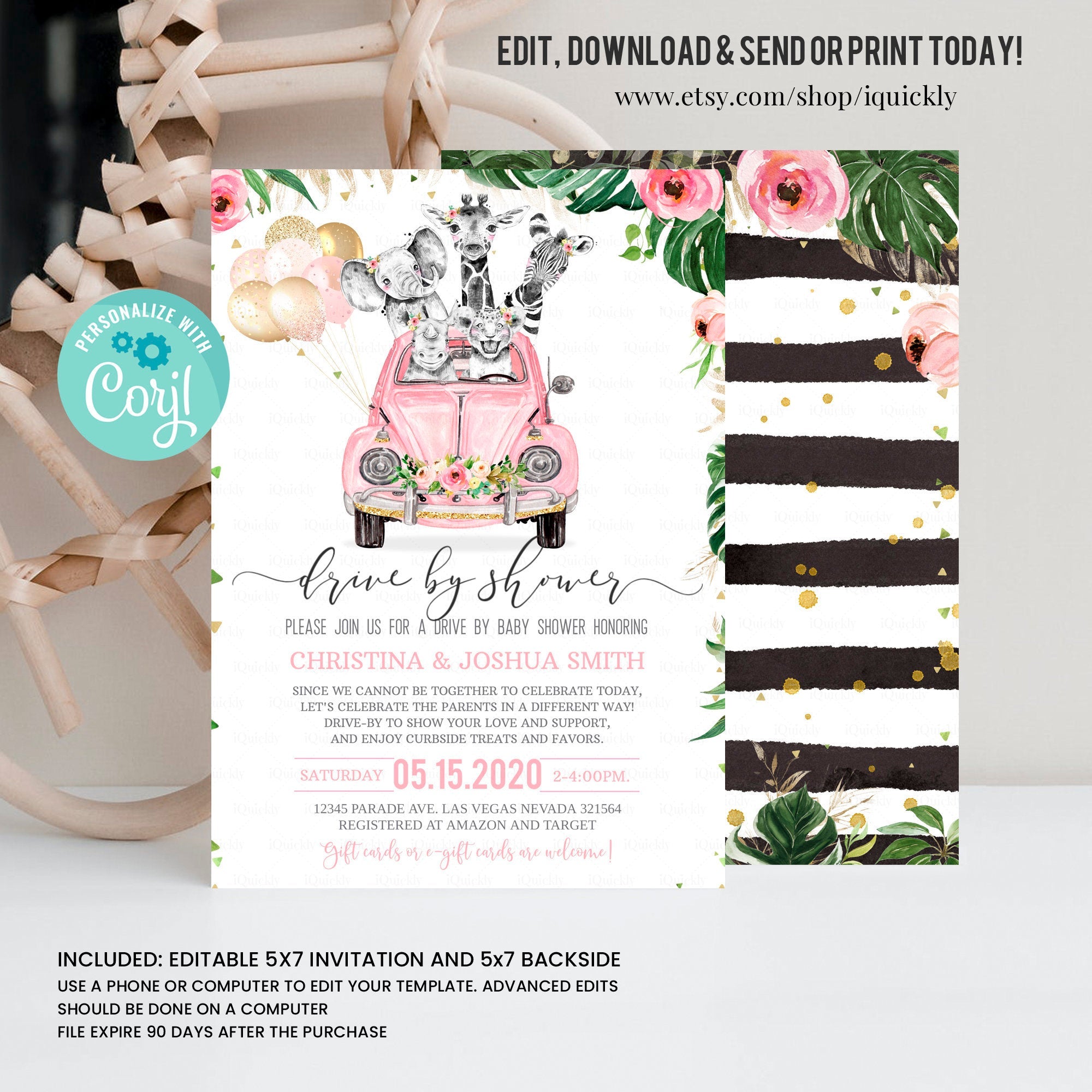 Editable Safari Drive By Baby Shower Invitation Pink Jungle Baby Shower Drive Through Girl Social Distancing Shower Instant Download