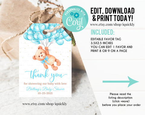 Editable Teddy Bear Baby Shower Favors Bear Baby Shower Thank you tags Printable Bear Balloons Gift tags Favor tag template digital download