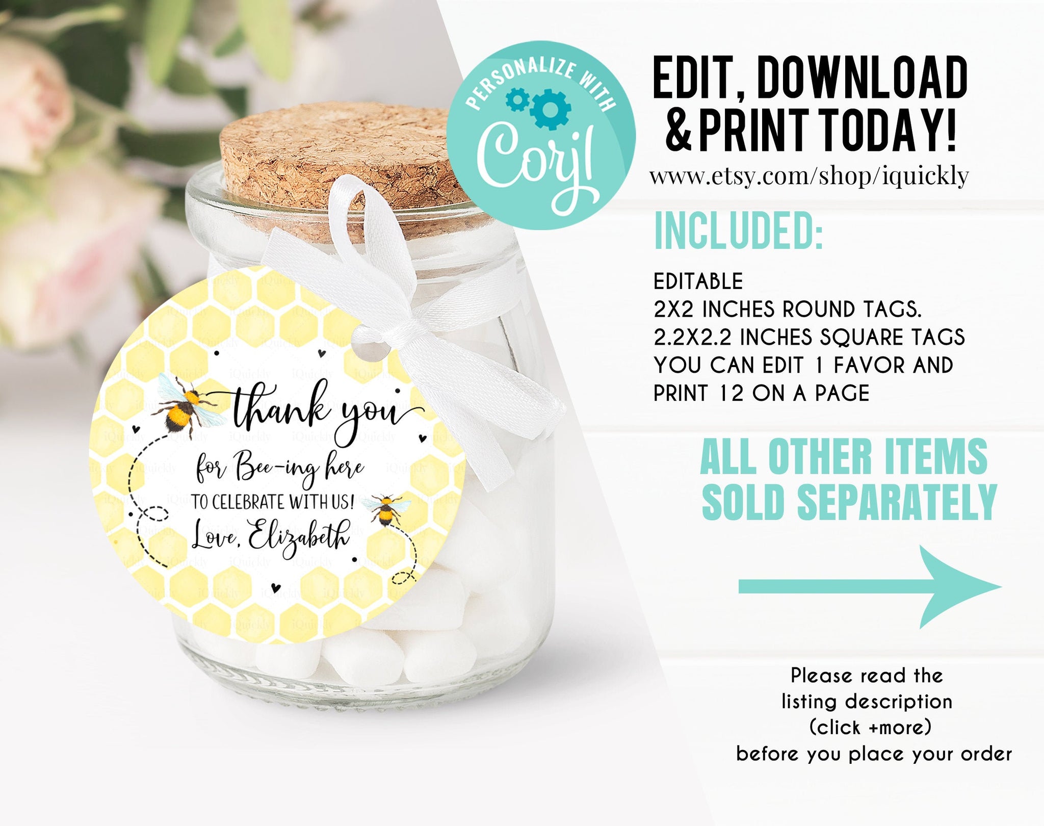 Editable Bee Favor tags, Honey Bee Thank you tags, Gift tags Bumble Bee theme Sweet to be one Party Printable Template Instant download