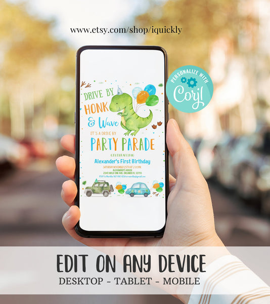 Editable Dinosaur Drive By Birthday Parade Invitation Virtual Party Invite Honk Wave Car Boy Dino Quarantine Download Digital Corjl