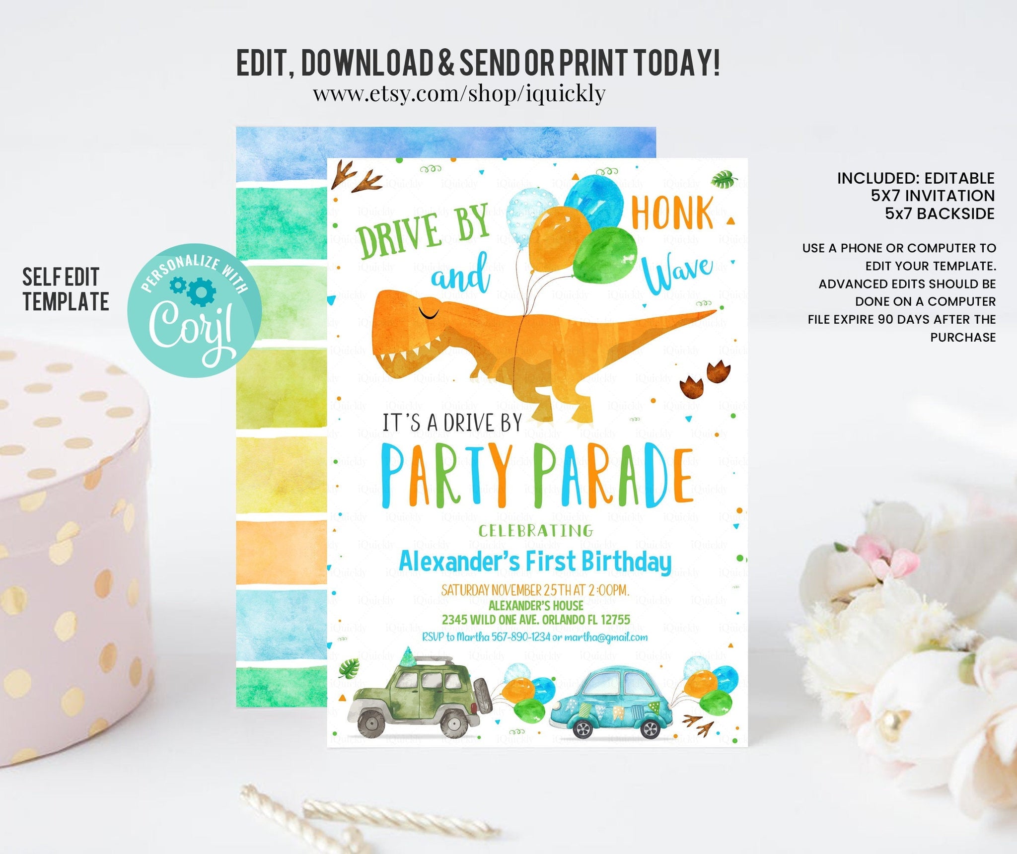 Editable Dinosaur Drive By Birthday Parade Invitation Virtual Party Invite Honk Wave Car Boy Dino Quarantine Instant Download Digital Corjl