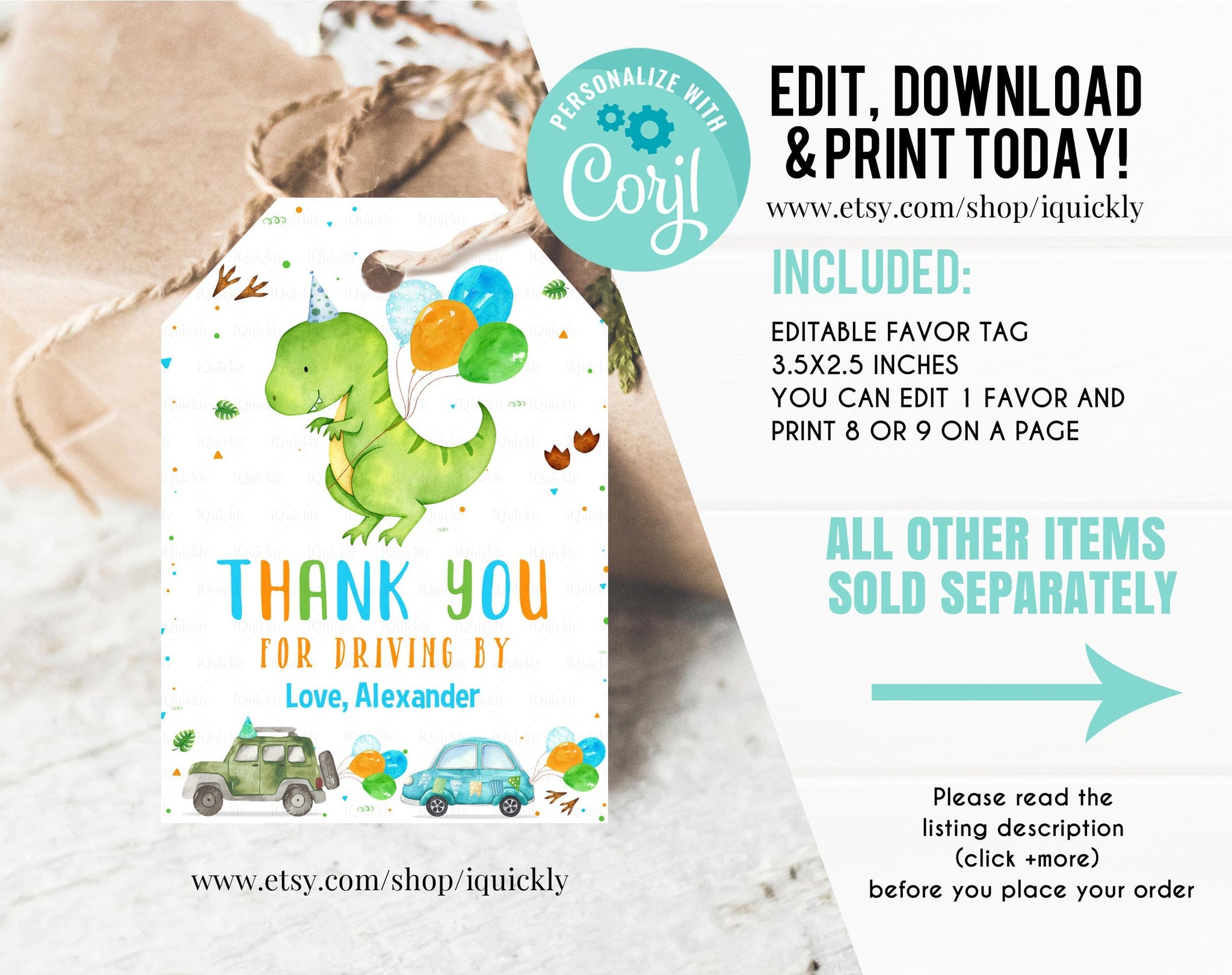 Editable Dinosaur Favor Tag Drive By Birthday Favors Party Parade Dino Boy Car Thank You Gift Tags T-Rex Corjl Template Printable Download