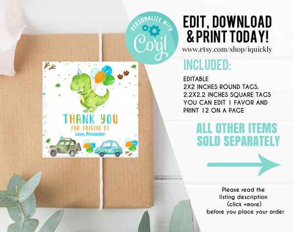 Editable Dinosaur Favor Tag Drive By Birthday Favors Party Parade Dino Boy Car Thank You Gift Tags T-Rex Corjl Template Printable download