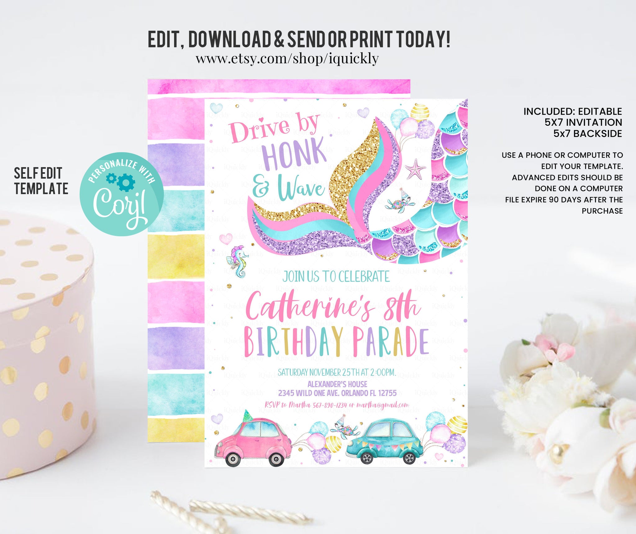 Editable Mermaid Drive By Birthday Parade Invitation Virtual Party Invite Honk Wave Car Girl Pink Quarantine Instant Download Digital Corjl