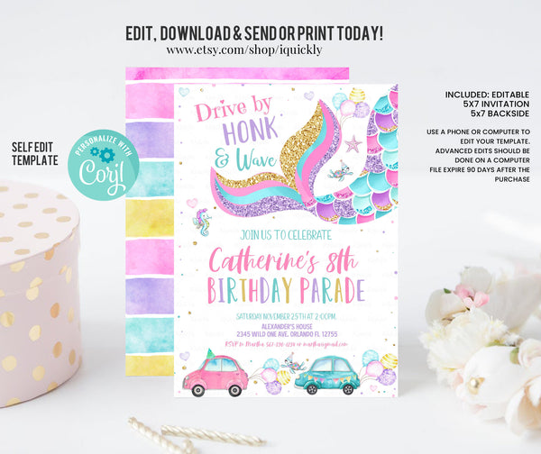 Editable Mermaid Drive By Birthday Parade Invitation Virtual Party Invite Honk Wave Car Girl Pink Quarantine Instant Download Digital Corjl