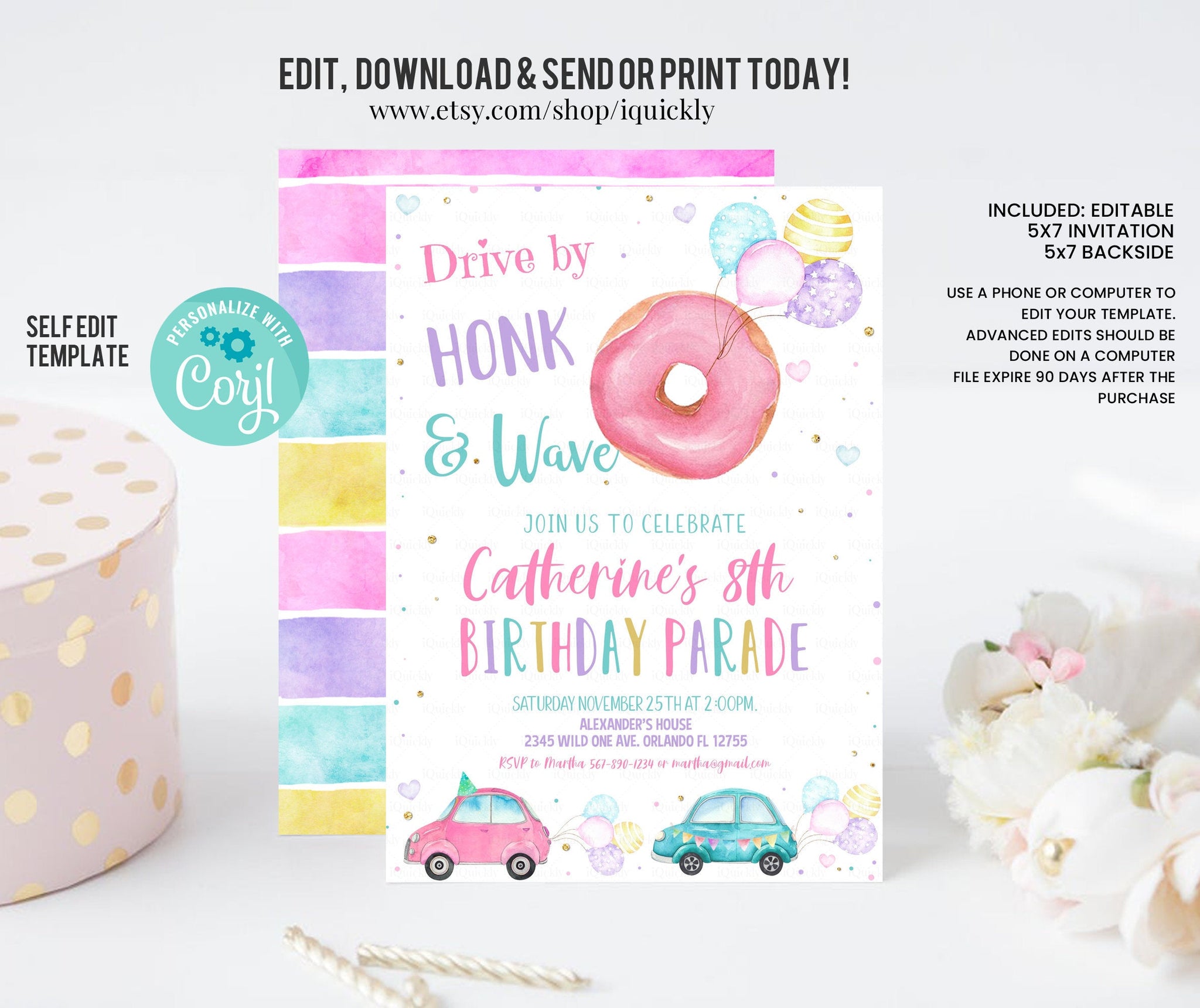 Editable Drive By Donut Birthday Parade Invitation Balloons Rainbow Party Honk Wave Car Girl Pink Drive Through Download Corjl Template