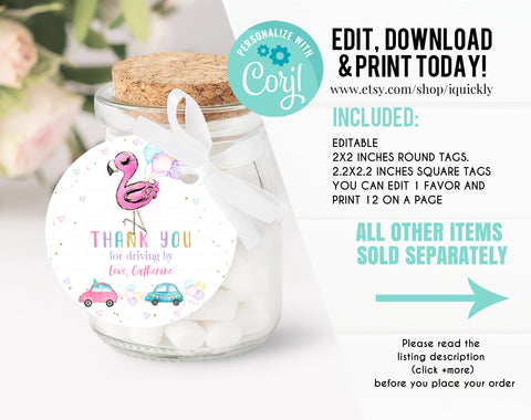 Editable Flamingo Favor Tag Drive By Birthday Favors Party Parade Cars Tropical Thank You Gift Tags Pink Girl Corjl Template Printable