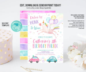 Editable Unicorn Drive By Birthday Parade Invitation Virtual Party Invite Honk Wave Car Girl Pink Quarantine Instant Download Digital Corjl