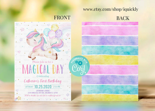 Editable Unicorn Birthday Invitation Magical Party Invite Girl Pink First Birthday Digital Invite Template Reainbow Instant Download Corjl