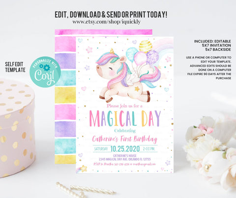 Editable Unicorn Birthday Invitation Magical Party Invite Girl Pink First Birthday Digital Invite Template Reainbow Instant Download Corjl